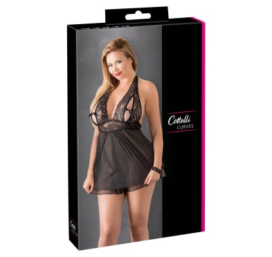 Cottelli CURVES - Seksowna Babydoll Z Rozcięciem Na Piersiach I Kokardką Czarna XL