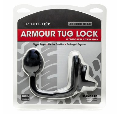 Pierścień na penisa z plugiem - Perfect Fit Armour Tug Lock Black Czarny