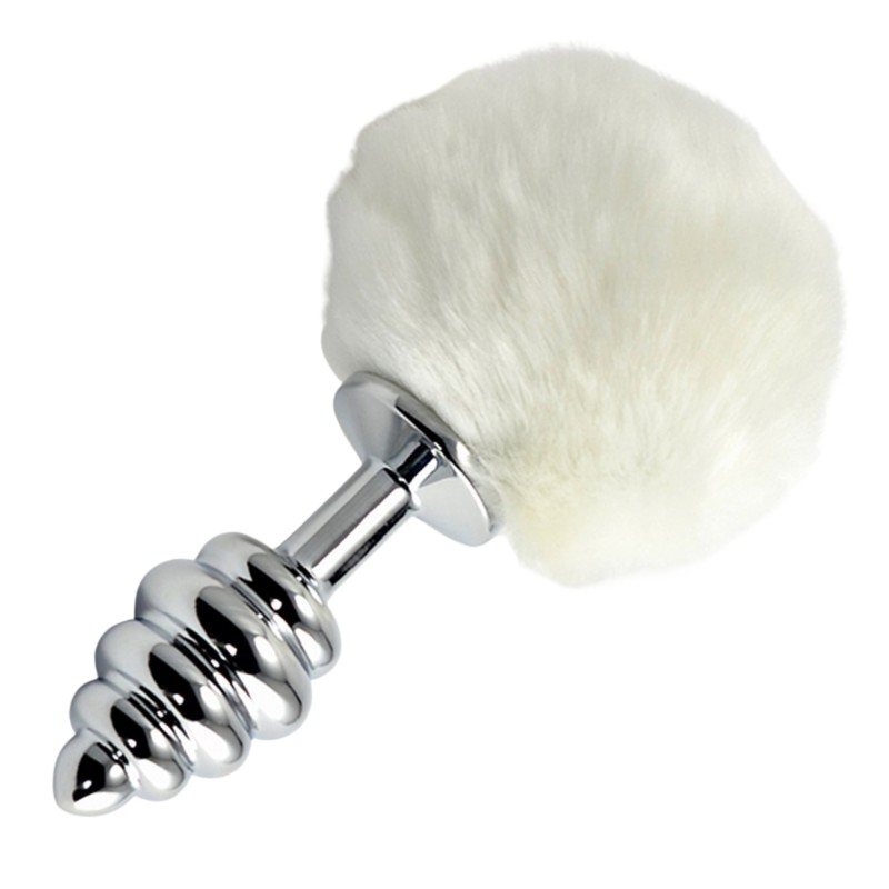 Metalowy korek analny biała puszysta końcówka 8 cm Metalowy korek analny biała puszysta końcówka 8 cm