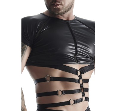 Męski komplet z wetlooka: t-shirt z ozdobną gumą, stringi z ozdobną taśmą z przodu xxl