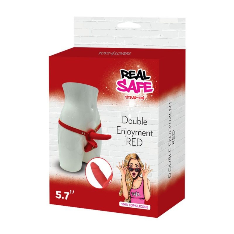 Podwójny strap-on koloru czerwonego na szelkach Podwójny strap-on koloru czerwonego na szelkach