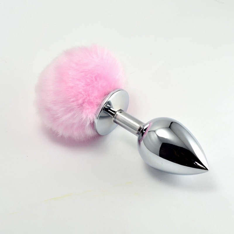 Korek analny z różowym puszkiem ze stali 8 cm Korek analny z różowym puszkiem ze stali 8 cm