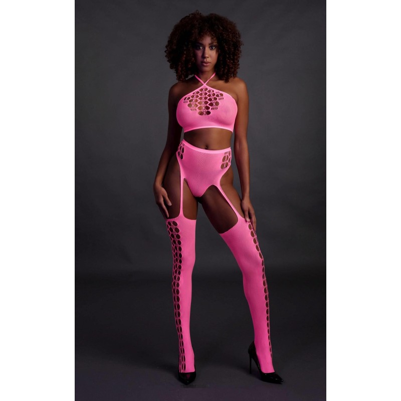 Two Piece with Crop Top and Stockings - Pink - XS/XL