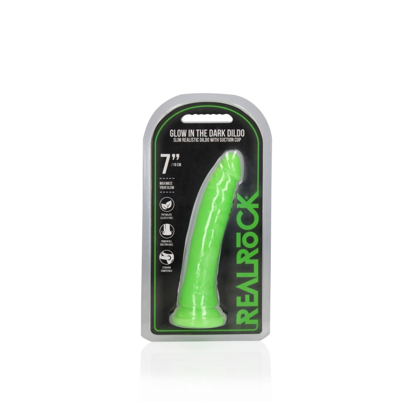 Slim Realistic Dildo with Suction Cup - Glow in the Dark - 7'' / 18 cm